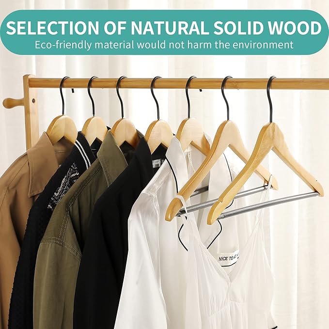 Premium Quality Solid Wood Clothes Hangers for Suits and Coats, Smooth Finishes, Non-Slip Pants Bar, 360° Swivel Soft Coated Hooks. Pack of 20(Clear Natural)