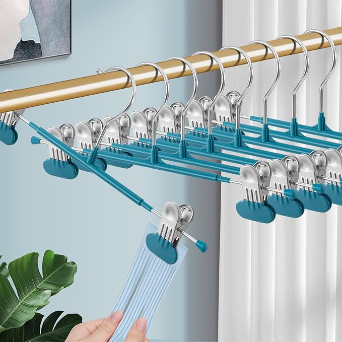 14Inch Clothes Pants Hangers with WideClips 10 Pack,Non-Slip Adjustable Skirt Hanger for Women,Space-Saving Heavy Duty Men Hangers for Pants,Trousers,Jeans,Shorts,Blue