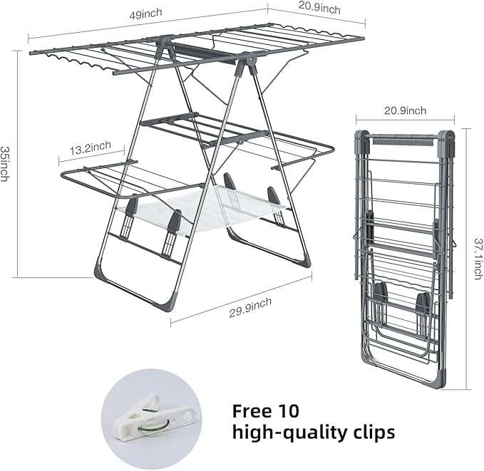 Clothes Drying Rack Foldable 2-Level Laundry Racks for Drying Clothes Rack,Stainless Steel Drying Rack Clothing Collapsible for Indoor Outdoor,with Height-Adjustable Wings (Gray- Medium)