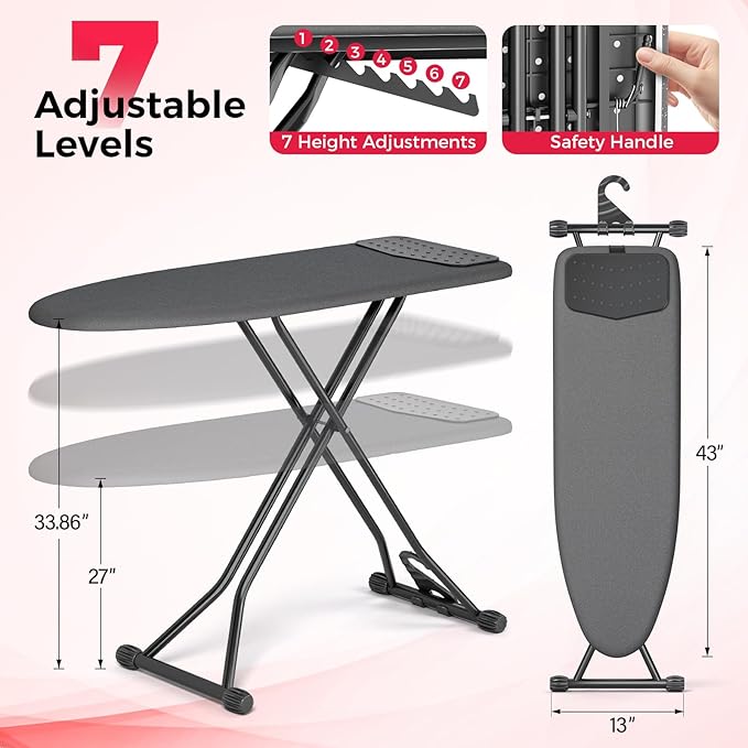 APEXCHASER Ironing Board, Compact Iron Board with Silicon Mat, Foldable Ironing Board with Heat Resistant Cover, 7 Height Adjustable, Space Saver Iron Board,13x43 Black