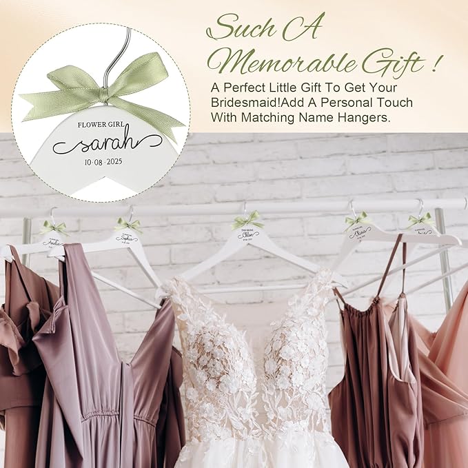 Chunful 10 Pack Personalized Bride Hanger for Wedding Dress Custom Name White Wooden Bridal Hangers with UV Dtf Transfers Natural Wood Dress Hanger with Ribbon Bow Bride Wedding Gift