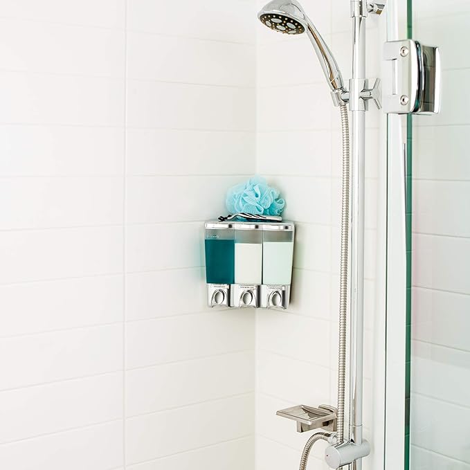 Better Living Clear Choice Shower Dispenser 3 Chamber, Wall Mount Shower Soap Pump Dispenser for Bathroom Hotel Body Wash, No Drill Adhesive, Waterproof Dispenser, 3 x 14.2 oz, Chrome