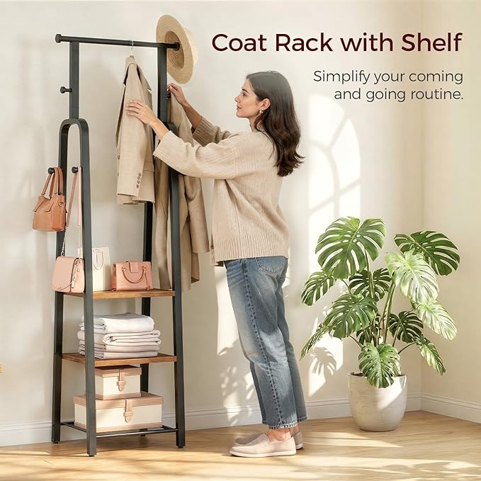 Coat Rack Freestanding, Hall Tree with 3-Shelves and 8 Hooks, Industrial Clothes Rack Stand Organizer for Entryway, Bedroom, Bags, Hats, Scarves, Rustic Brown and Black CRHR14901