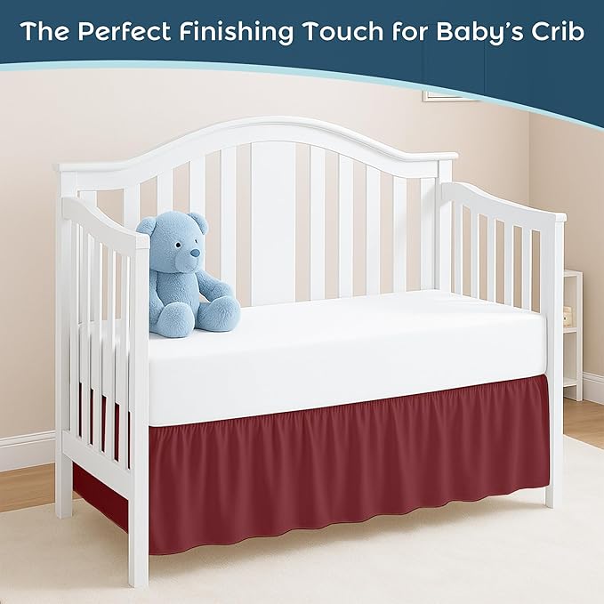 Burgundy Crib Bed Skirt, Perfect for Nursery Crib for Boys & Girls with a 14" Drop and Size 28"x 52"