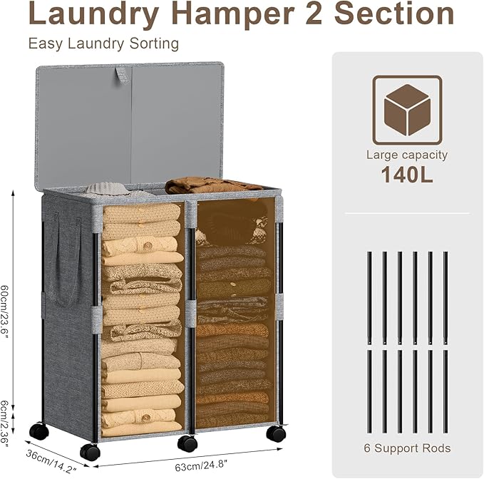 Chrislley 140L Large Double Laundry Hamper with Lid and 6 Wheels, Rolling Laundry Basket with 2 Removable Bags, Heavy Duty Metal Frame Laundry Cart, Dirty Clothes Hamper for Bathroom, Bedroom (Grey)