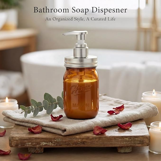 Amolliar Plastic Mason Jar Soap Dispenser with Pump Lid,16OZ Refillable Hand Soap Dispenser Set with Cute Lables - Farmhouse Decor for Kitchen Bathroom, Liquid Soap, Dish Soap, Lotion (2 Pack, Amber)