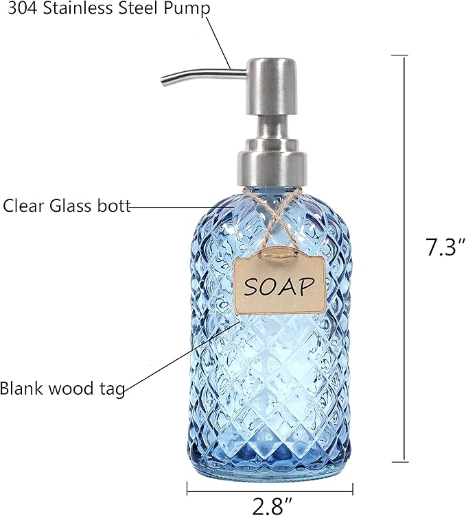 Funly mee Bathroom & Kitchen Glass Hand and Dish Soap Dispenser with 304 Rustproof Stainless Steel Pump (Blue)