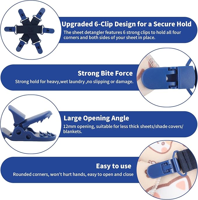 Bed Sheet Detangler with 6-Clip, WAD Preventer Stop Bed Sheets/Duvet Covers/Blankets from Tangling, Twisting & Balling up in Dryer Washer and Dryer, 4 pcs(Blue)