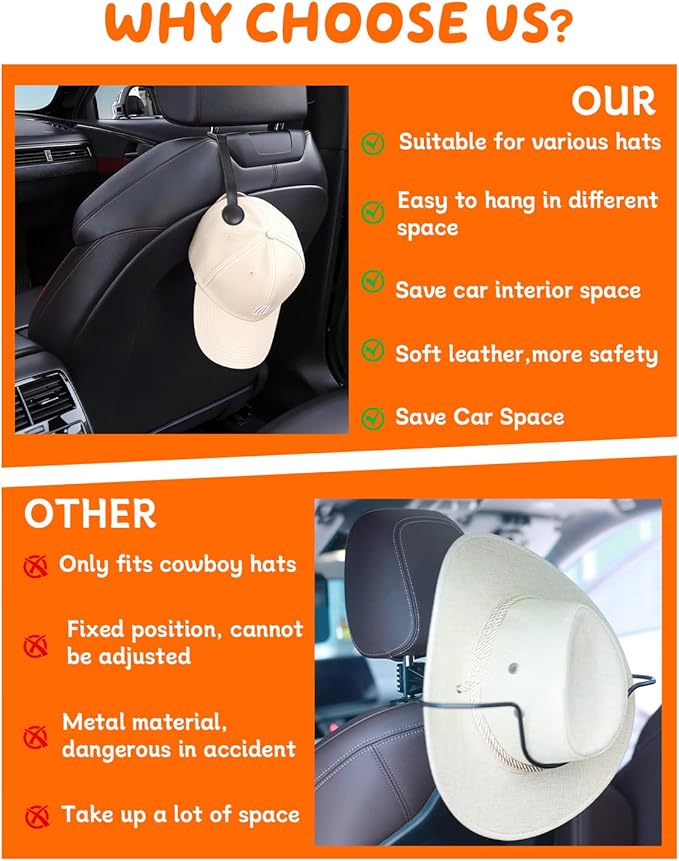 2 Pcs Magnetic Cowboy Hat Clip for Car,Leather Magnet Hat Holder Organizer Hook,Car Headrest Magnetic Hat Hanger for Car,Truck,SUV,Vehicle