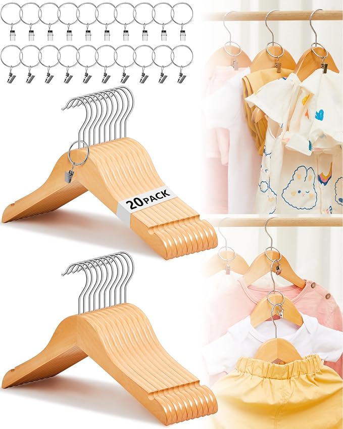 20 Pcs Wooden Baby Clothes Hangers with 20 Pcs Metal Ring Clips 12.6" Wooden Shirt Coat Hangers with Notches and Anti Rust 360 Swivel Chrome Hook for Kids Children Toddler Clothes