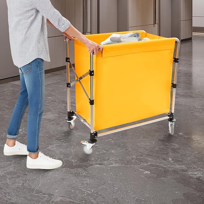 Commercial Laundry Cart with Wheels, 220lbs Foldable Laundry Cart with 4 Locking Wheels and Oxford Cloth for Home, Dorm, Hotel, and Commercial Use (Yellow)