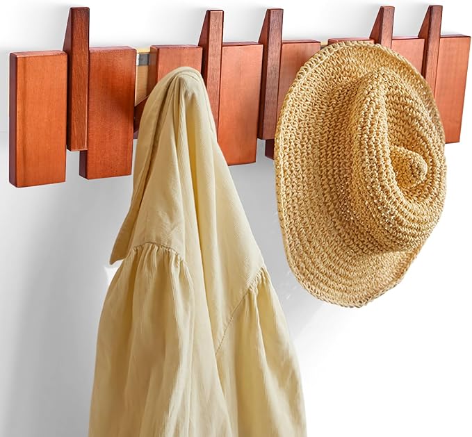 Coat Rack Wall Mount,Modern Coat Rack with 7 Wood Folding Flip-Down Hooks,Wood Coats Rack for Entryway, Bedroom,Bathroom