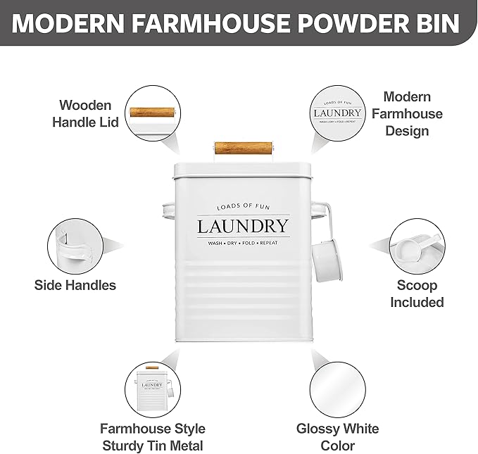 Calindiana Modern Farmhouse Laundry Powder Container, Dryer Sheets Holder and Scent Boosters Container Bundle for Organization and Storage, Laundry Room Decor