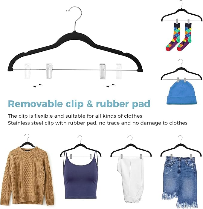 VECELO 20 Pack Velvet Clothes Hangers with Adjustable Clips,Heavy-Duty Non Slip & Space-Saving with 1 Magic Hangers & 2 Tie Rack for Suit Coat Pants Skirt Dresses