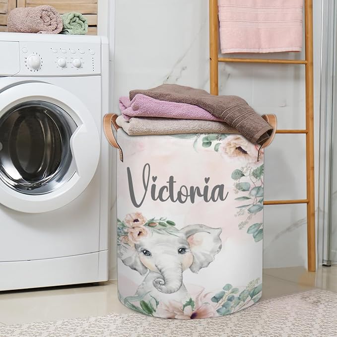 Personalized Laundry Basket, Custom Gift Laundry Hamper, Collapsible Nursery Waterproof Laundry Baskets, Dirty Clothes Toy Hamper with Handles Blush Floral Elephant
