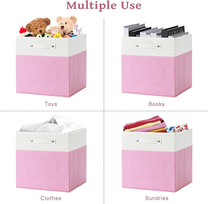 13 x 13 Inch Fine Linen Storage Bins with Handles，Fabric Cube Boxs，Basket Organizers for Shelves for Home, Closet Drawers (White/Pink-4 Pack)