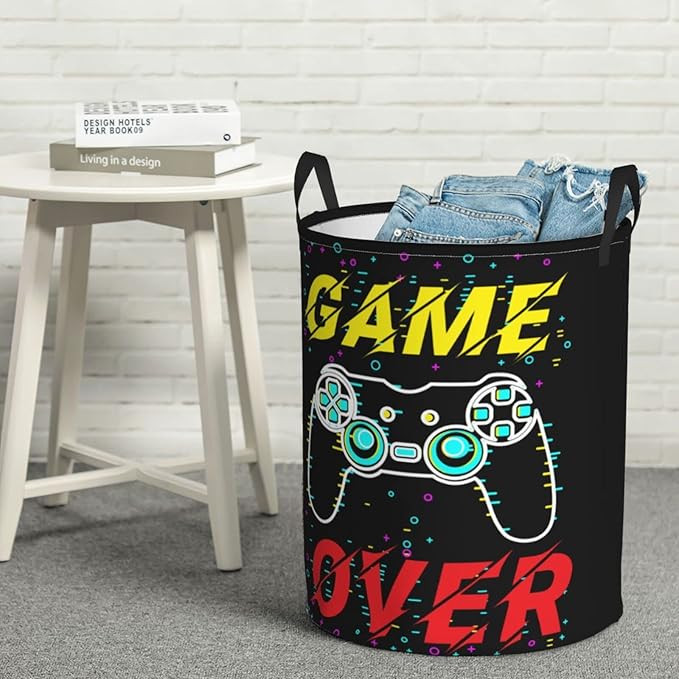 Gamer Funny Round Laundry Hamper Game Joystick Storage Basket Toys Clothes Organizer Bin For Home Bathroom Bedroom Dorm Nursery, 38L