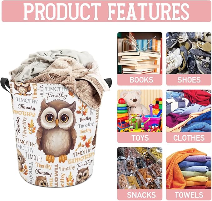 Owl Laundry Basket,Personalized Laundry Hamper for Boys Girls,Custom Laundry Basket With Name, Customized Dirty Clothes Hamper for Bathroom Bedrooms,M-19.5"X 15.7"