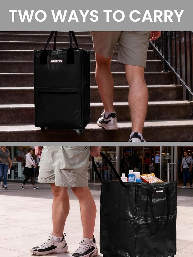 WORKPRO Medium Reusable Grocery Bag on Wheels, Heavy Duty Rolling Shopping Tote with Handle, Folding Trolley on 4 Caster Wheels for Groceries, Laundry, Camping, Moving