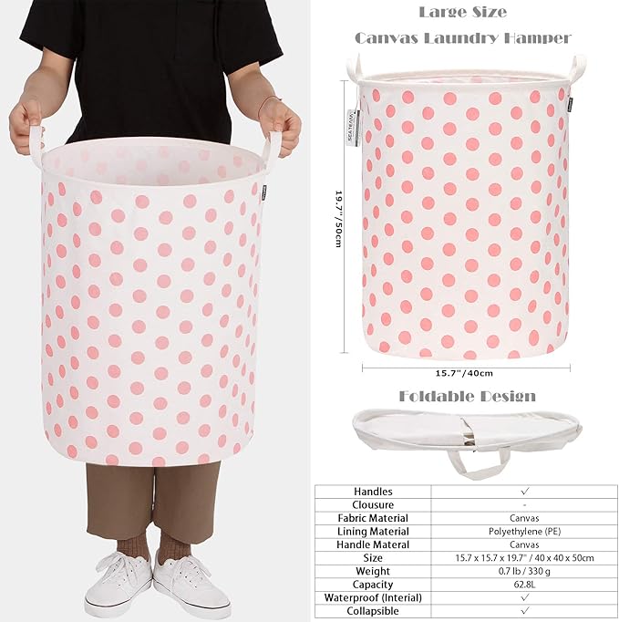 Sea Team 19.7 Inches Large Sized Waterproof Coating Ramie Cotton Fabric Folding Laundry Hamper Bucket Cylindric Burlap Canvas Storage Basket with Stylish Polka Dot Design (19.7", Pink)