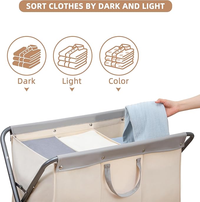 STORAGE MANIAC 160L Collapsible Laundry Hamper with Wheels, Rolling Laundry Basket, Heavy Duty Cloth Sorter with Removable Bag, Folding X Frame Clothes Organizer Cart for Easy to Store, 3 Section