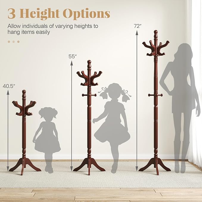 Tangkula Coat Rack Freestanding, Solid Rubber Wood Coat Tree with 11 Hooks and 3 Height Options for Coats, Hats, Bags, Purses, Clothes, Hanger Stand for Entryway Hallway Bedroom Office (Reddish Brown)