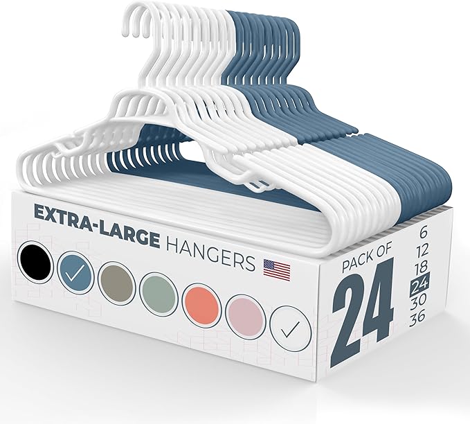 Neaties Large & Wide Heavy Duty Clothes Hangers 20 Pack (24 Count) – Made in USA – Ideal for Plus Size Clothing – 10lb Plastic Hangers with Notches for Oversized Adult Coats & Pants – White & Blue