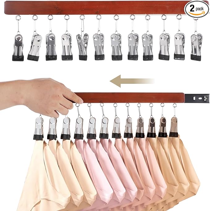 2 Pcs Slide-out Closet Valet Rods, Left & Right Pull-out Clip Hangers, Retractable Rail Belt Organizers with Non-slip Rubberized Clips, No-Drill Hanger Poles for Bra, Underwear, Belts