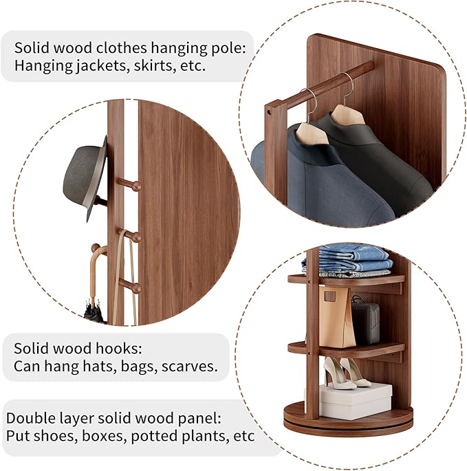 CHANCEE 360° Rotating Mirror Coat Rack, Solid Wood Standing Mirror with Storage Hooks and Shelves, Space-Saving Multifunctional Organizer for Bedroom, Living Room, or Cloakroom (Walnut)