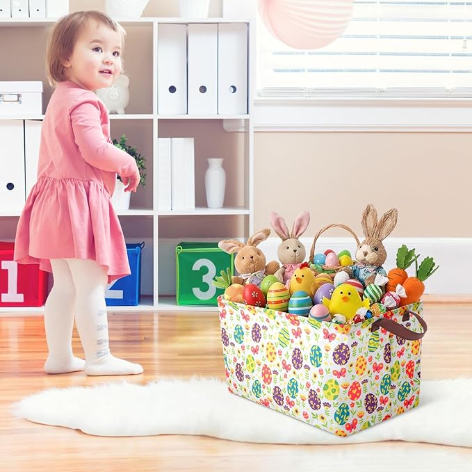 Vesici 6 Pack Large Easter Baskets for Gifts Empty Easter Storage Bins Foldable Bunny Rabbit Eggs Storage Basket Rectangular Canvas Boxes with Handle for Books Clothes