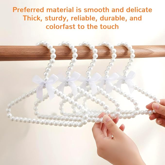 10Pcs Pearl Beaded Clothes Hangers, Mini Pearl Beads Small Metal Clothes Hangers with Ribbon, Elegant Standard Hanger for Women Dog Cat (White)