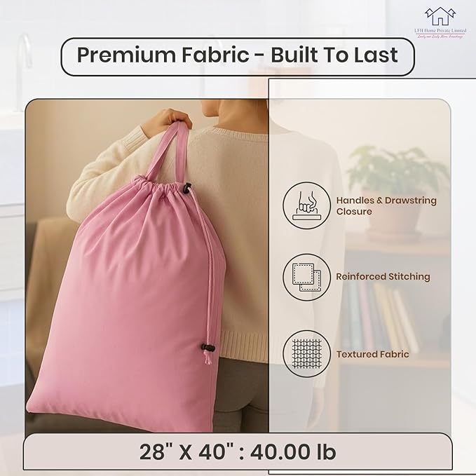 LFH Home Large Premium Cotton Canvas Laundry Bag with Drawstring and Handles Heavy Duty, Multi-Use, Washable for Home, Travel, College or Storage 28x40 (Pack of 4)-Pink