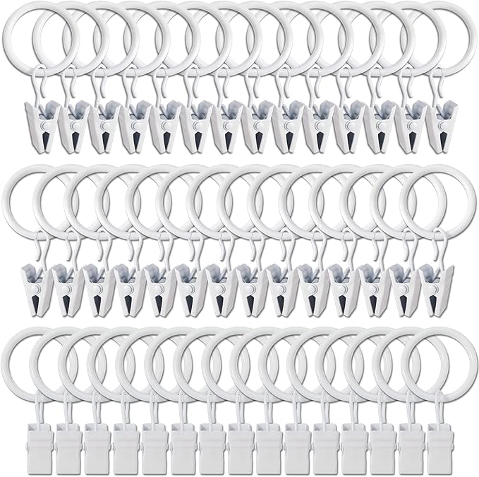 44 Pack White Curtain Rings with Clips, Curtain Hooks Hangers Clip Rings for Hanging Drapes Bows Hat, Drapery Rings 1 in I D, Fits up to 5/8 in Diameter Curtain Rod.