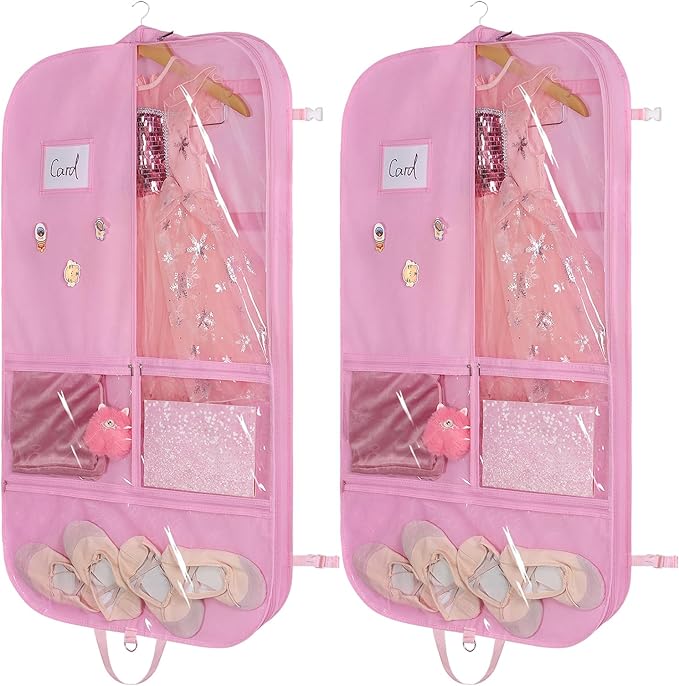 Univivi 2-Pack Dance Costume Garment Bag, 40" Dance Costume Bag for Hanging Storage, kids garment bags with 3 Clear Zippered Medium Pockets and 2 Back Zippered Pockets and 1 xPendant, 3 x Badge (Pink)