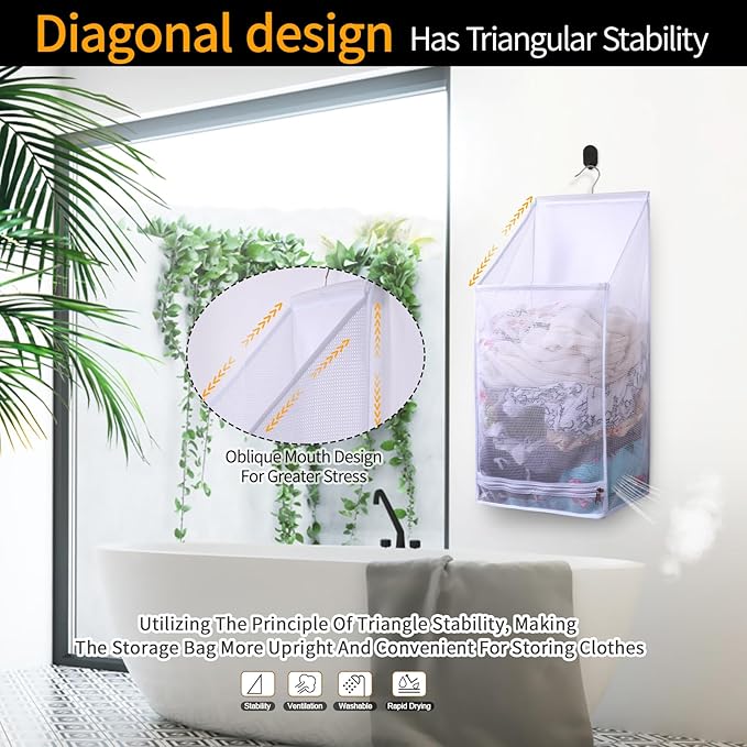 Hanging Collapsible Breathable Mesh laundry bags,Fast Drying Portable Space Saving Laundry Hamper for dorm,Rv Laundry Hamper Storage (White)