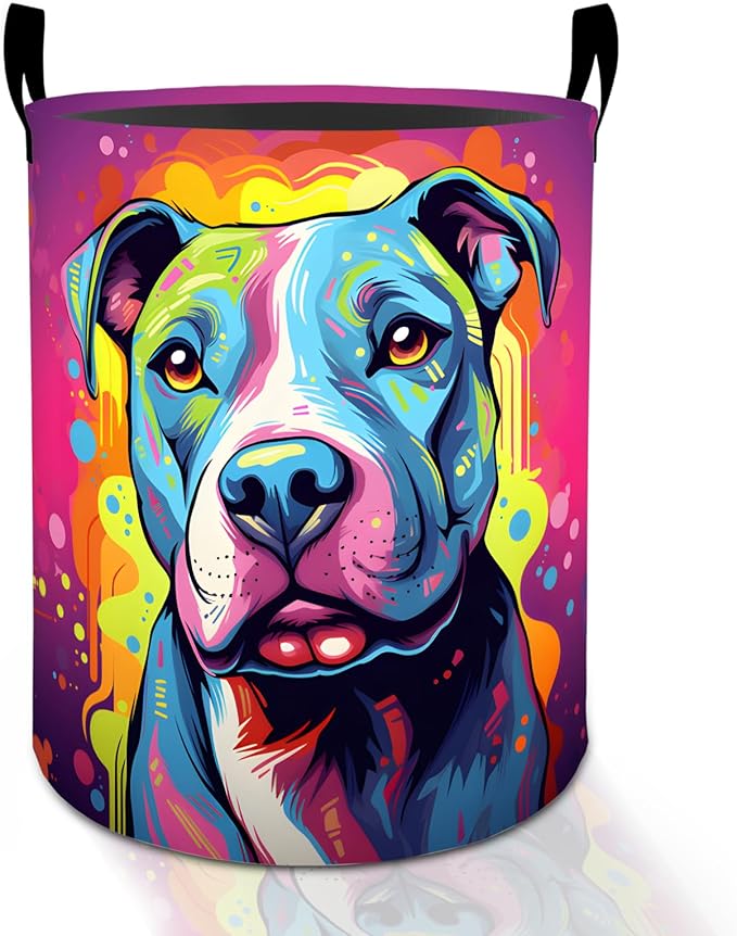 Colorful Pitbull Dog Laundry Basket Hamper for Boys Girls Kids Adults, Foldable Waterproof Oxford Clothes Storage Bin, Pet Art Organizer for Bedroom Bathroom Room Decor 19.7"x15.8"