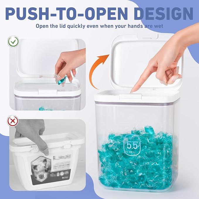 Large Capacity Laundry Powder Container With Pop-Up Lid, 5.5L Detergent Holder for Laundry Pods and Airtight Dishwasher Pod, Storage Container for Dry Food, Rice Flour with Scoop and Measuring Cup