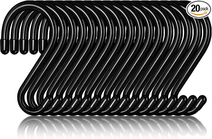 Dreecy 20 Pack 3 Inch S Hooks, Heavy Duty Steel S Hooks with Black Rubber Coating, Non-Slip, 20 Pounds Max Weight, Utility Hooks for Hanging Plants, Clothes, Pots, Pan, etc.