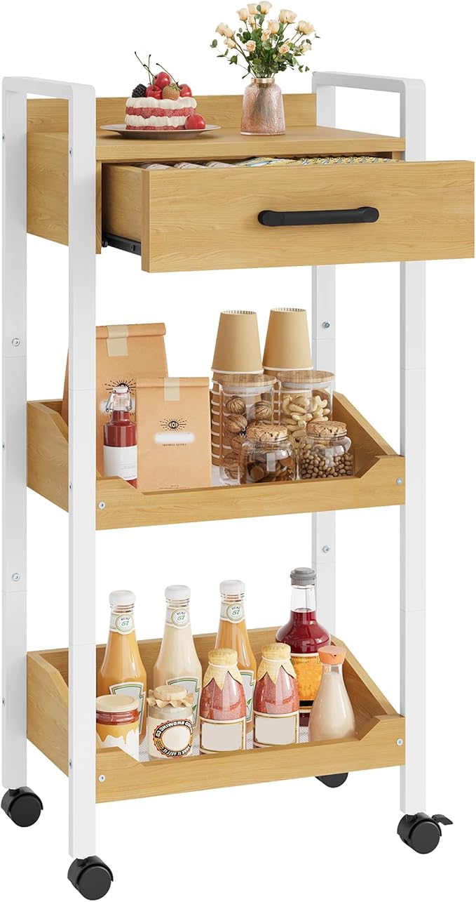Hoctieon 3-Tier Rolling Storage Cart with Drawer, Rolling Utility Cart Organizer, Mobile Shelving Unit with Wheels, Metal Frame, Kitchen Utility Cart for Small Space, Office, Bathroom, Oak Beige