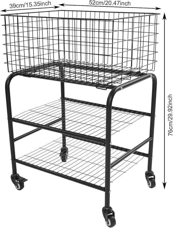 Rolling Laundry Basket on Wheels, 3-Tier Garment Storage Cart, Metal Wire Laundry Hamper Cart for Laundry Room, Bathroom, Bedroom (Black)