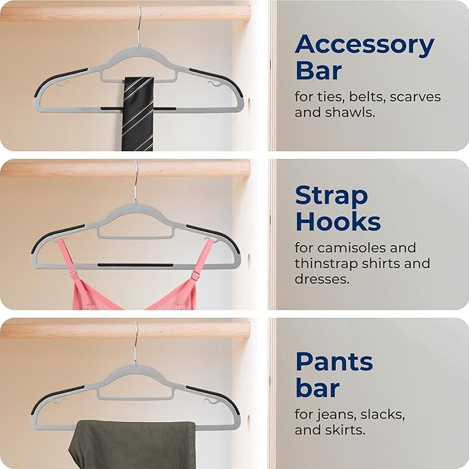 SereneLife 50-Pack Grey Plastic Clothes Hangers with Rubber Pads, Durable, Non-Slip, 360° Swivel Metal Hook, Space-Saving Ultra-Thin, Weight Capacity 6 lbs for Shirts, Dresses & Closet Organization