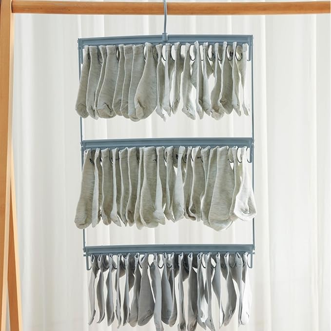 Socks Drying Racks Hanger Socks Organizer Hook Hanger with 54 Clips, Clothes Drying Racks Windproof for Drying Socks Bras Underwears Baby Clothes, Hats Scarfs Towels Pants and Gloves Diaper (Grey)