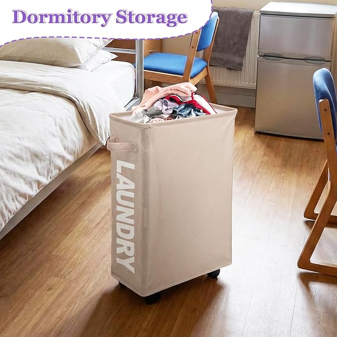 Slim Rolling Laundry Hamper with Wheels, 42L Collapsible Narrow Laundry Basket with Drawstring Mesh Cover, Foldable Dirty Clothes Organizer for Bathroom, Dorm, Small Spaces, Khaki