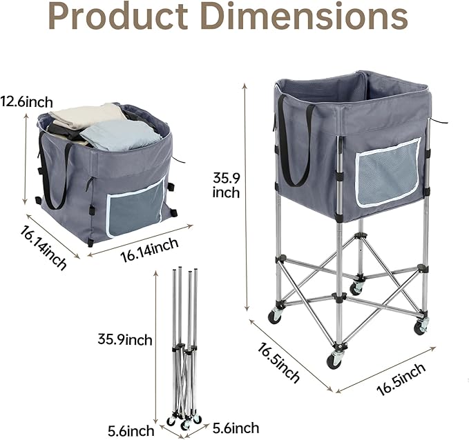 Laundry Cart with Wheels, 35.9"H Stand-Up No-Bend Rolling Laundry Basket, Locking Brakes, 360 Swivel Rubber Wheels, Fold-Flat Space-Saving Stainless Steel Frame, Removable Washable 600D Oxford Bag