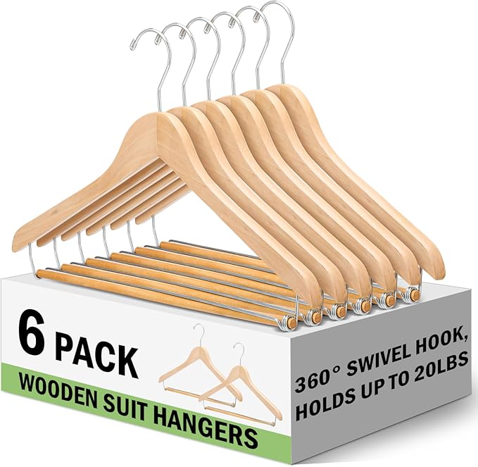 Kathfly 6 Pcs Wooden Suit Hangers with Locking Bar Retro Finish Wood Suit Coat Hangers for Closet Jacket Dress Heavy Clothes, 360° Swivel Hook, Holds up to 20lbs