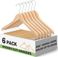 Kathfly 6 Pcs Wooden Suit Hangers with Locking Bar Retro Finish Wood Suit Coat Hangers for Closet Jacket Dress Heavy Clothes, 360° Swivel Hook, Holds up to 20lbs