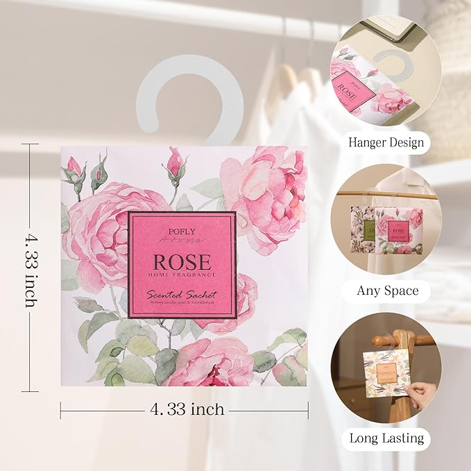 12 Pack Large Rose Scented Sachets – Hanging Closet & Drawer Deodorizer & Air Freshener, Long-Lasting Aroma