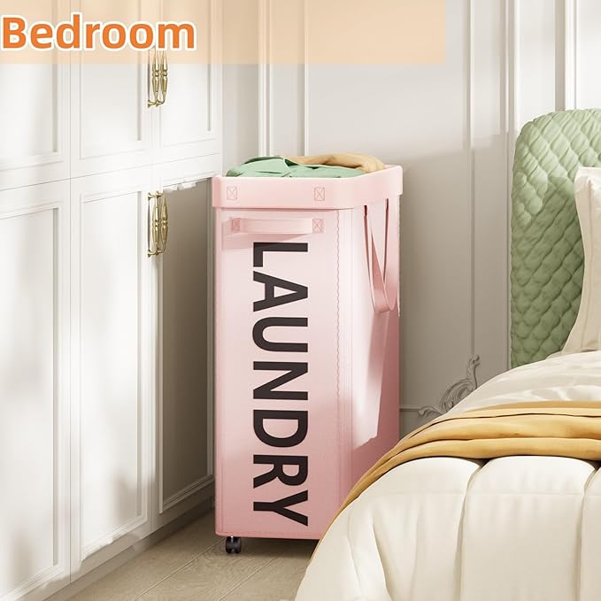 2 Pack Rolling Laundry Basket with Wheels, 90L Hamper with Wheels and Removable Mesh Bag, Pink Laundry Baskets on Wheels for Bedroom, Dorm, Clothes Hamper Organizer
