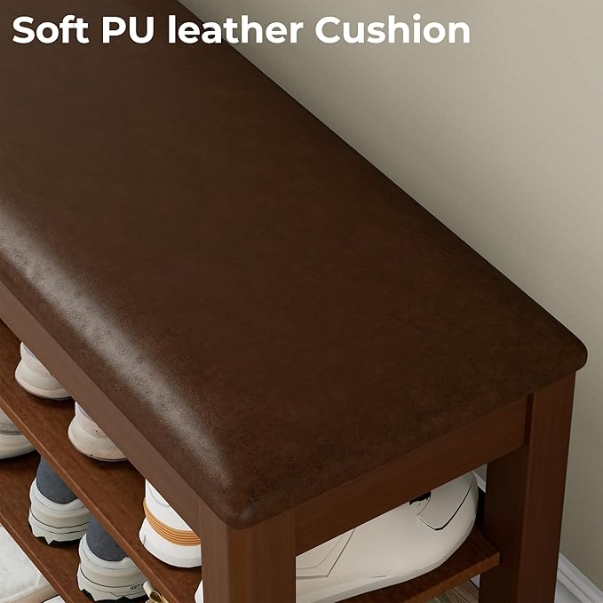 Shoe Rack Bench with Flip-Top Storage, Solid Wood Entryway Bench with Cushion, Adjustable Shelf, for Hallway, Mudroom, Closet – Walnut, 47.2"