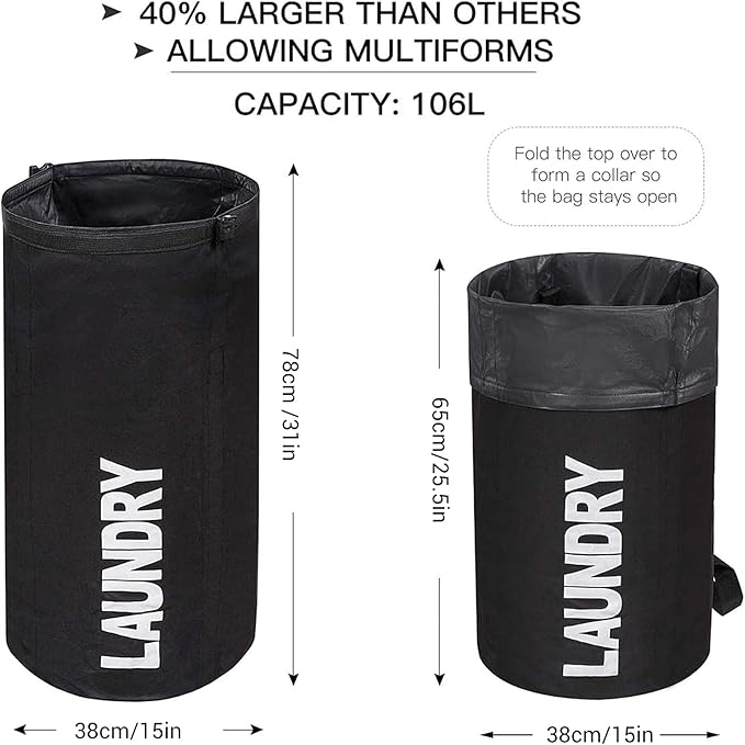 WOWLIVE Extra Large Foldable Laundry Bag Laundry Basket Collapsible Laundry Hamper Backpack Dirty Clothes Hamper Standing Waterproof Hampers for Dorm Room (Black)